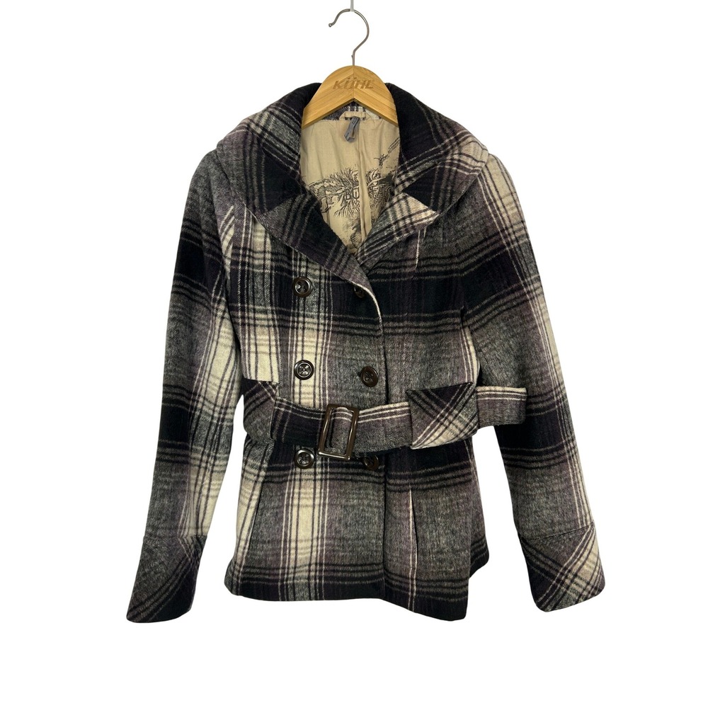 Buffalo Y2K Plaid Wool Blend Belted Pea Coat Grey Black White Size Medium